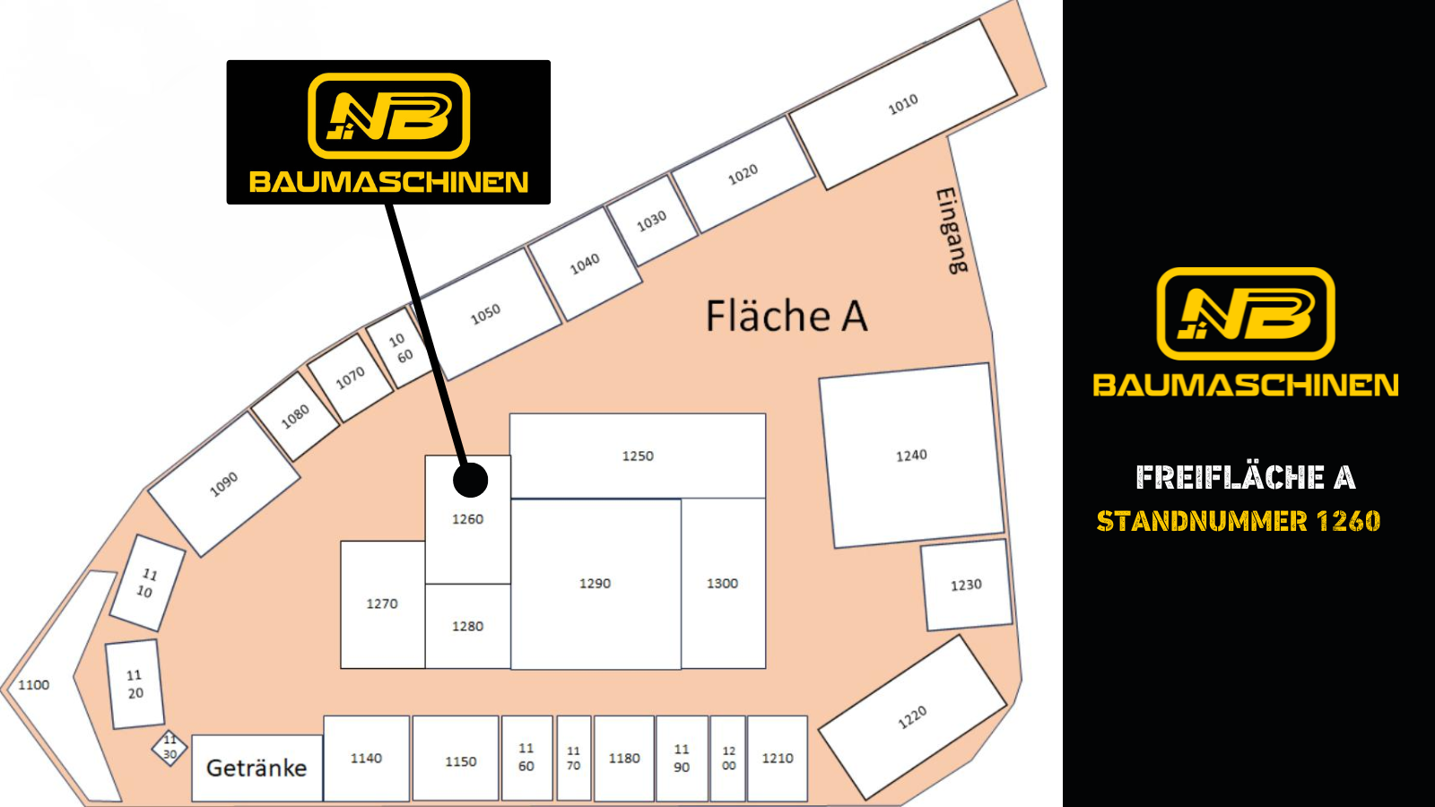 Standplan der Osbaumesse 2024, mit der einzeichnung, wo der stand von nb baumaschinen auf der messe zu finden ist. Mit dem NB Baumaschinen Logo und "Freifläche A. Standnummer 1260"