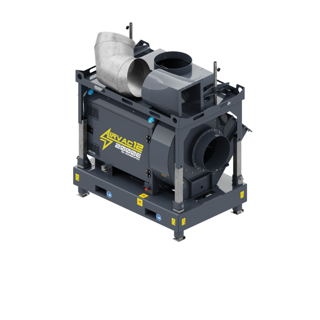Graue Industrieanlage mit Aufschrift Airvac12 2000E by Screenpod, mehreren runden Luftanschlüssen und einem schwarzen Hintergrund in einer technischen Studioansicht.