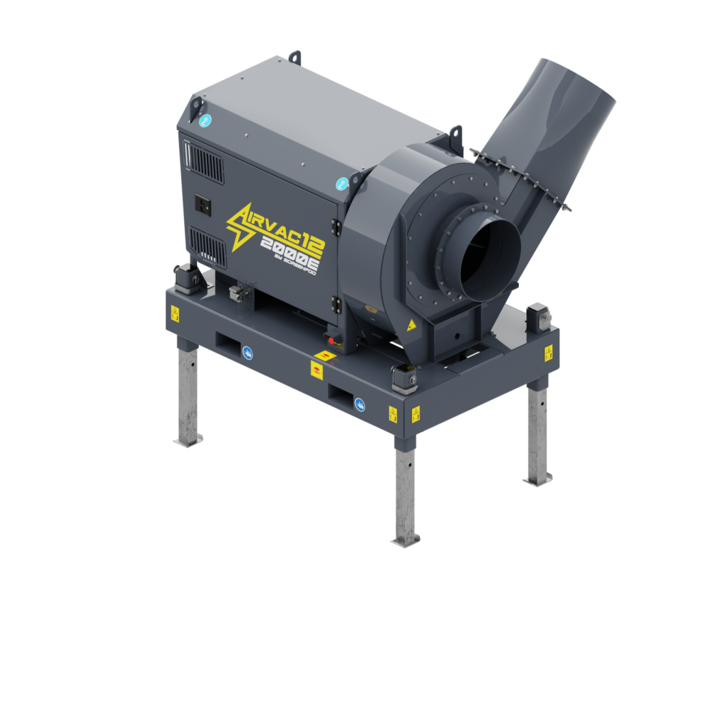 Graue AirVAC12 2000e von Screenpod mit großem Gebläsegehäuse, schrägem Auslassrohr und hoher Stahlunterkonstruktion vor schwarzem Hintergrund.