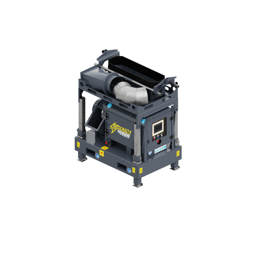 Dunkelgraue AIRVAC 1200E mit Bedienfeld, großem Rohrbogen und Warnaufklebern steht freigestellt auf schwarzem Hintergrund mit technischem Look.