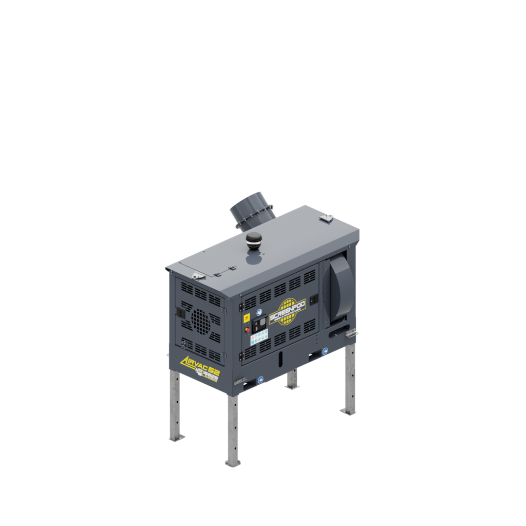 Ein grauer, kastenförmiger Industrieabscheider auf Metallbeinen zeigt Lüftungsschlitze, Wartungsklappen und das Screenpod-Logo auf schwarzem Hintergrund.