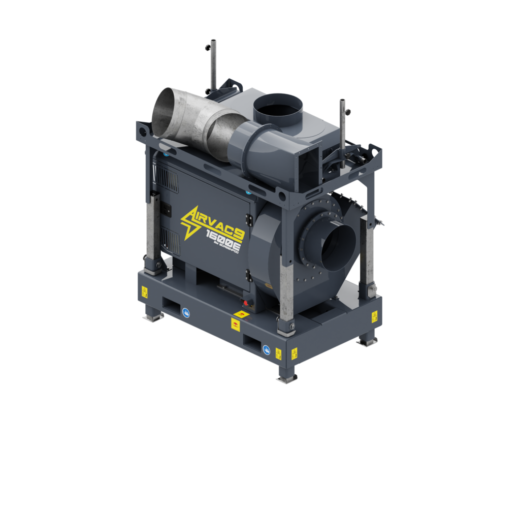 Grauer AirVACS 1600E Bi-Screening-Anlage mit großen Rohranschlüssen, Metallrahmen und Warnaufklebern auf schwarzem Hintergrund in technischer Ansicht.