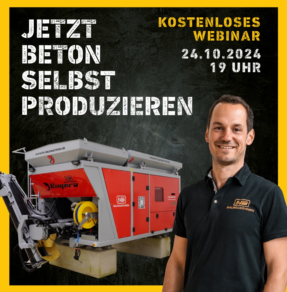 Ein lächelnder Mitarbeiter steht neben einer roten Betonmaschine, dazu steht links die Aufschrift „JETZT BETON SELBST PRODUZIEREN“.
