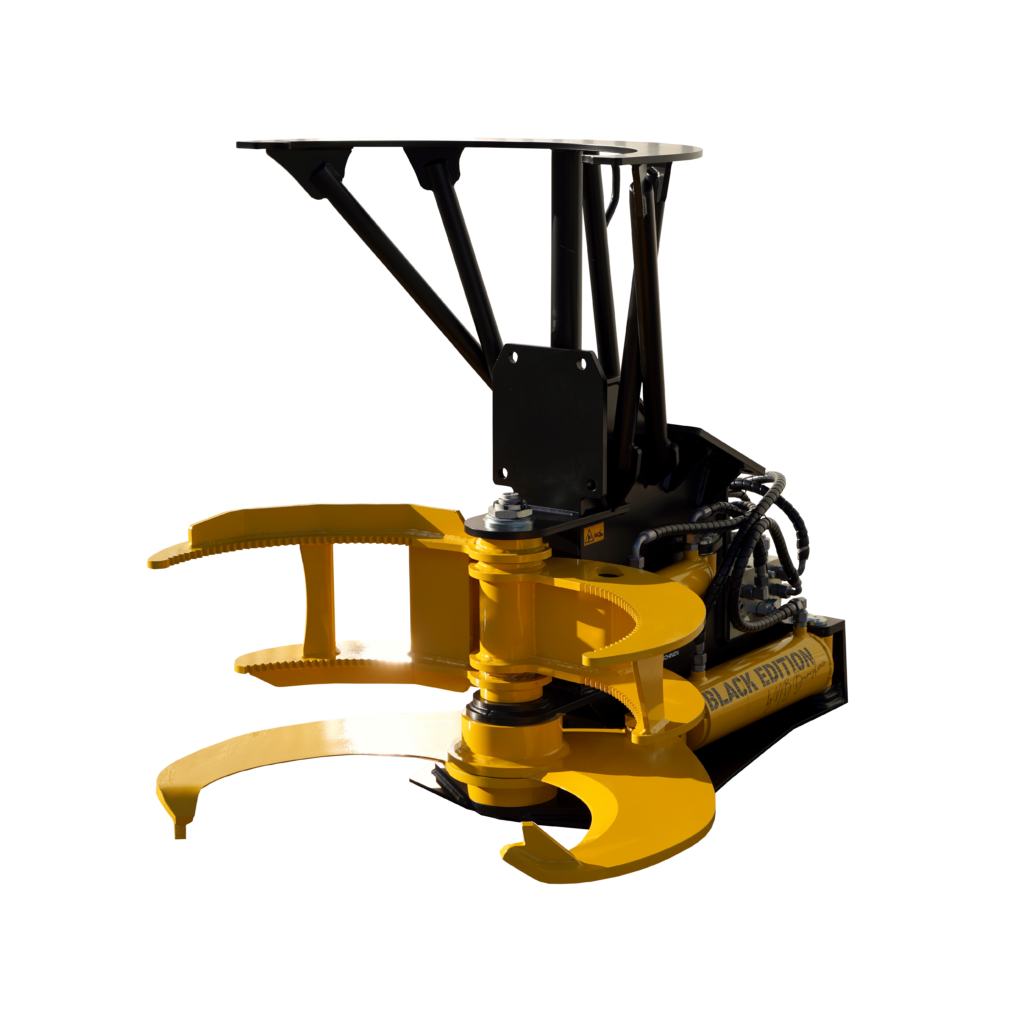 Schwarz-gelbe Baumschere BS-860 von TimberFORCE mit kräftigen Greifarmen, Hydraulikschläuchen und markantem BLACK-EDITION-Zylinder.