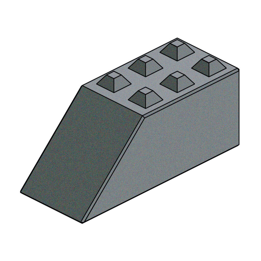 Ein grauer Betonblock mit schräger Vorderseite und sechs kleinen Erhebungen auf der Oberseite steht freigestellt vor weißem Hintergrund als technische Zeichnung.