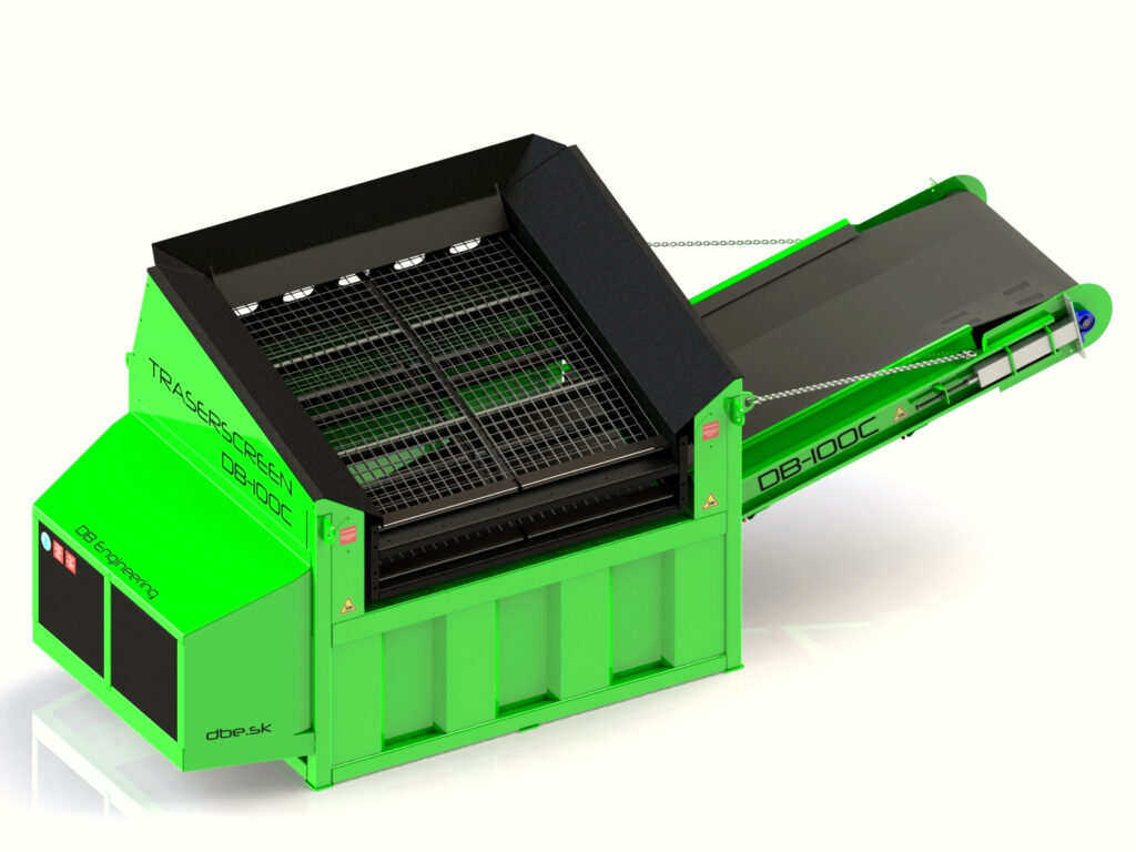 Grün-schwarze Traserscreen DB-100C Siebanlage mit geneigtem Förderband und großem Siebkorb auf hellem Hintergrund in klarer Produktansicht.