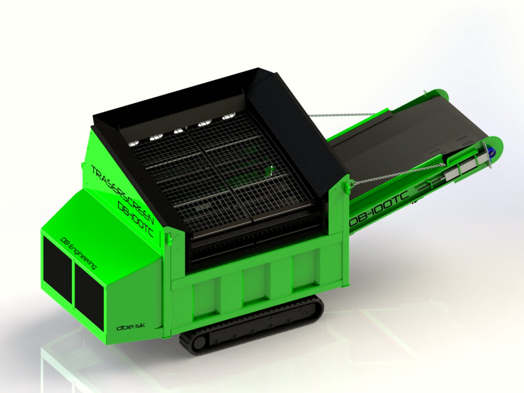 Grüne Traserscreen DB-100TC mit schwarzem Siebaufbau, Förderband und Raupenfahrwerk auf hellem Hintergrund in einer technischen Produktansicht.