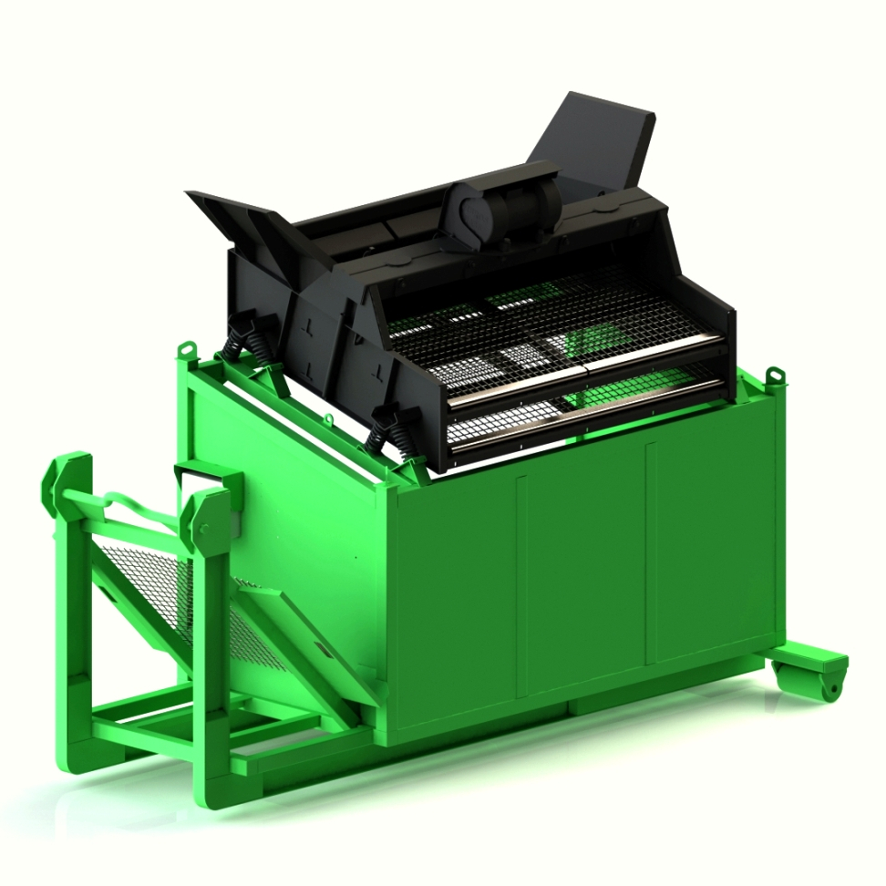 Grüne Industrie-Siebmaschine mit schwarzem Aufsatz, seitlichem Rahmen und Gitterflächen, auf weißem Hintergrund in schräger Frontansicht dargestellt.