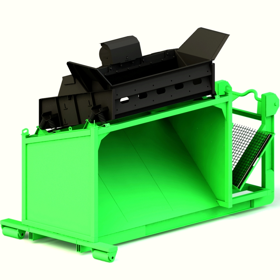 Ein grün lackierter Stahlbehälter mit schwarzer Sieb- und Brechereinheit steht vor weißem Hintergrund und zeigt eine industrielle Recyclingkonstruktion.