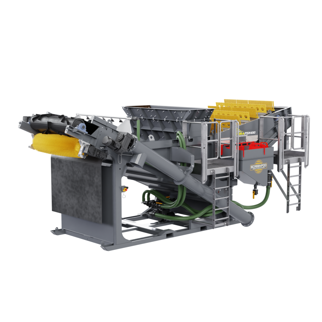 Die graue Screenpod FS1400 mit gelben Siebsegmenten und breitem Förderarm steht isoliert vor schwarzem Hintergrund in einer technischen Seitenansicht.