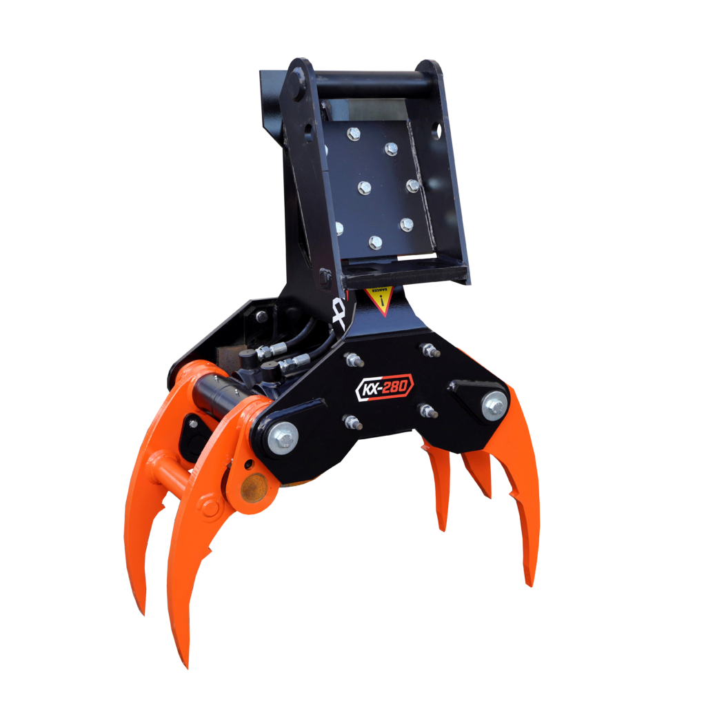 Schwarz-orangefarbener Fällgreifer KX-280 mit vier orangefarbenen Greifarmen und sichtbaren Hydraulikzylindern auf schwarzem Hintergrund.
