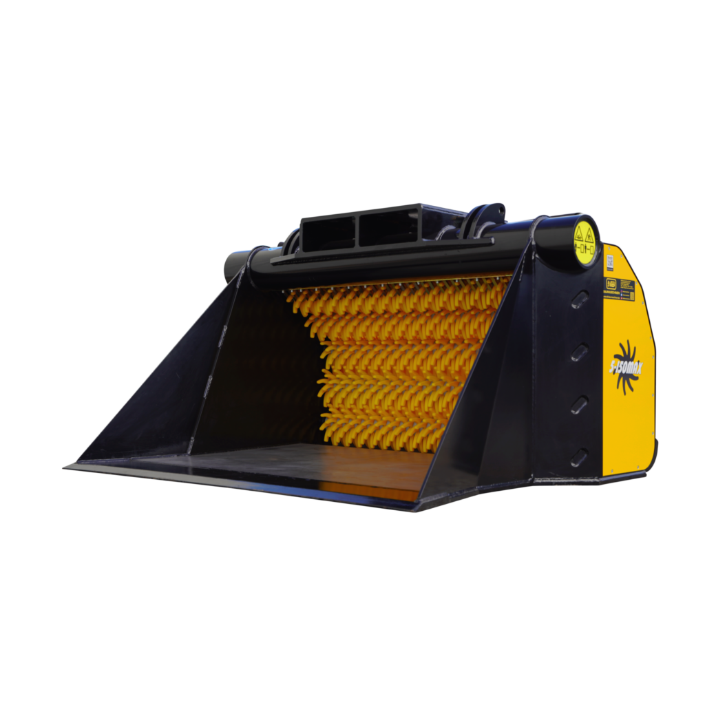 Der schwarze Schaufelseparator GYRUstar 5-150MAX zeigt innen gelbe Sternsiebmodule, eine breite Öffnung und gelbe Seitenteile mit Warnsymbolen.