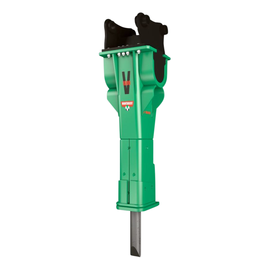 Ein grüner Montabert Hydraulikhammer V1800 Evo mit schwarzer Halterung und Stahlmeißel steht vor weißem Hintergrund in schlanker Seitenansicht.