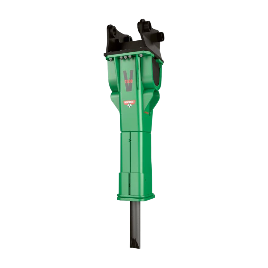 Der grüne Hydraulikhammer V2500 Evo von Montabert steht frontal auf weißem Hintergrund und zeigt oben schwarze Aufnahmen sowie den langen Meißel.
