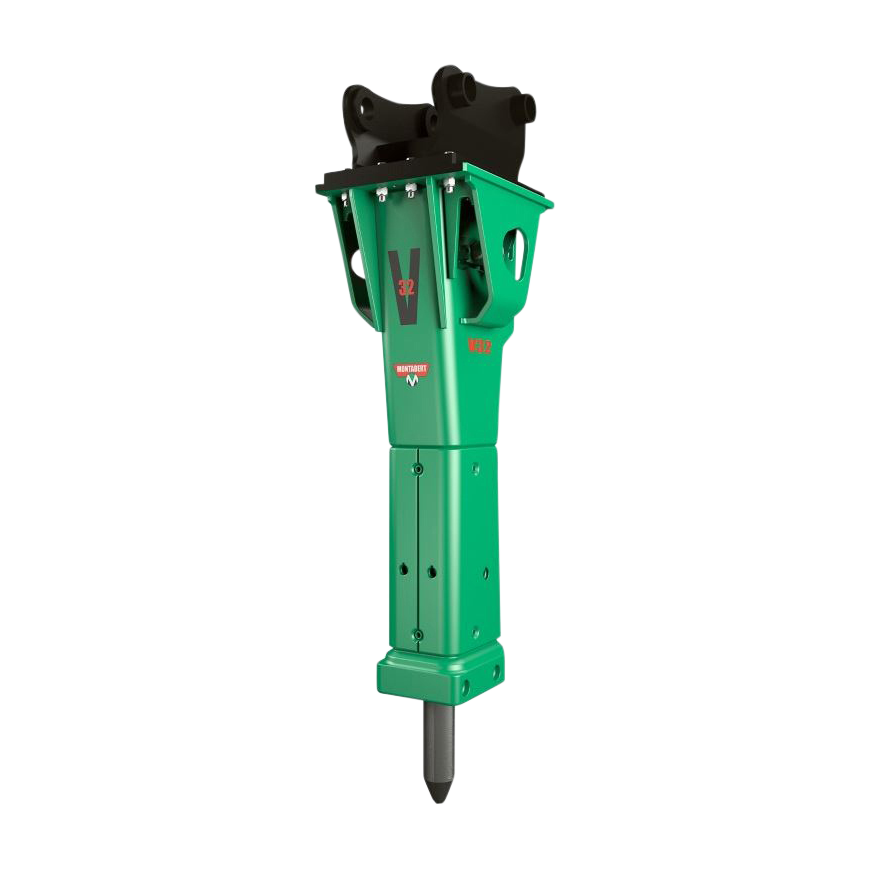Ein grüner Montabert V32 Hydraulikhammer mit schwarzer Aufnahme, seitlichen Öffnungen und Stahlspitze steht freigestellt vor weißem Hintergrund.