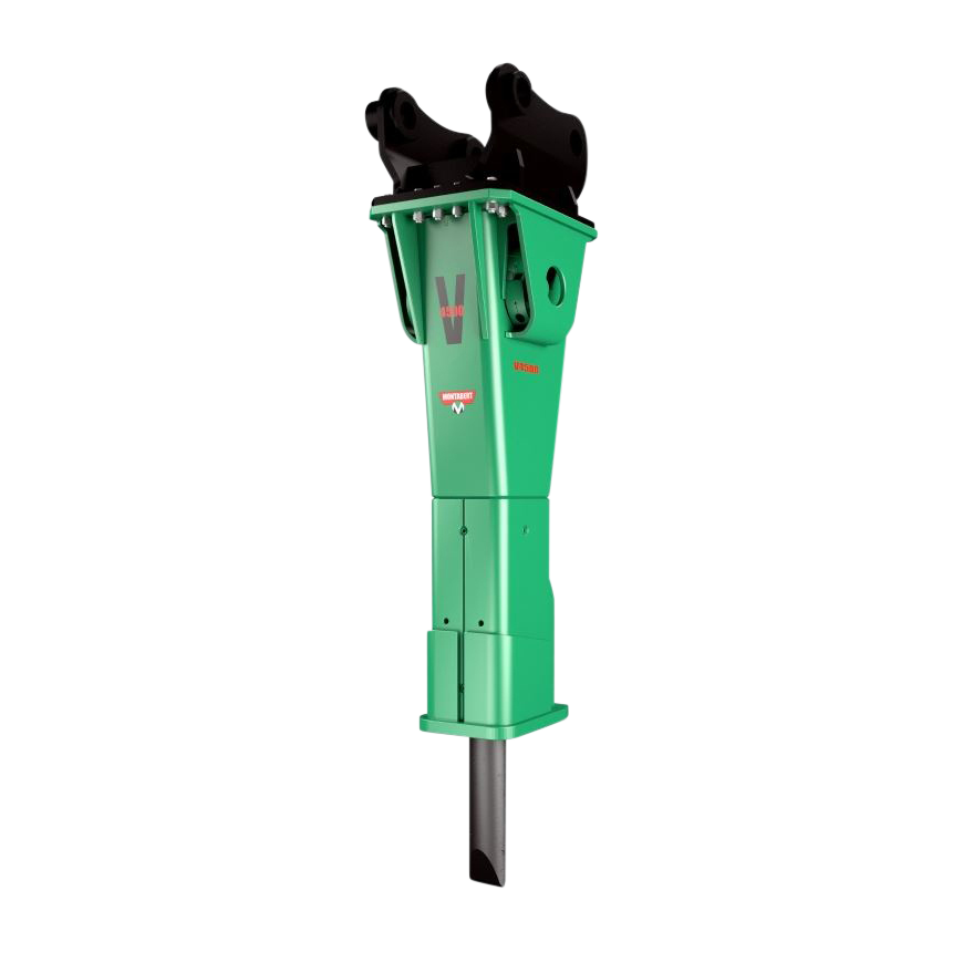 Der grüne Hydraulikhammer V4500 mit schwarzem Kopf, stabiler Gehäuseform und langem Meißel steht freigestellt auf hellem Hintergrund für Bagger.