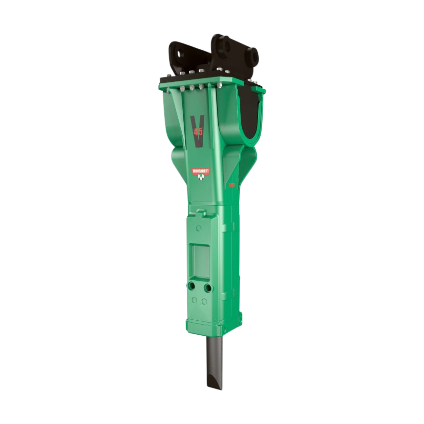 Ein grüner Montabert Hydraulikhammer V45 mit schwarzer Aufnahme und Meißel steht freigestellt auf weißem Hintergrund als technische Maschinenansicht.