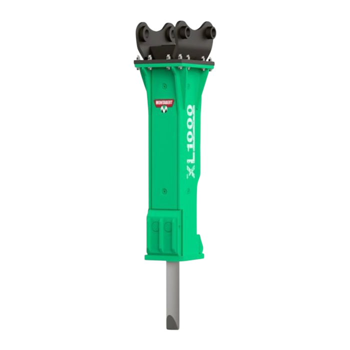 Ein grüner Hydraulikhammer XL1000 mit schwarzem Oberteil und langem Meißel steht freigestellt auf hellem Hintergrund in klarer Seitenansicht.