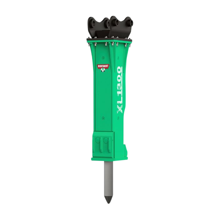 Der grüne Montabert XL1300 zeigt ein robustes Gehäuse, einen dunklen Aufsatz und den langen Meißel für schwere Abbrucharbeiten am Bagger.