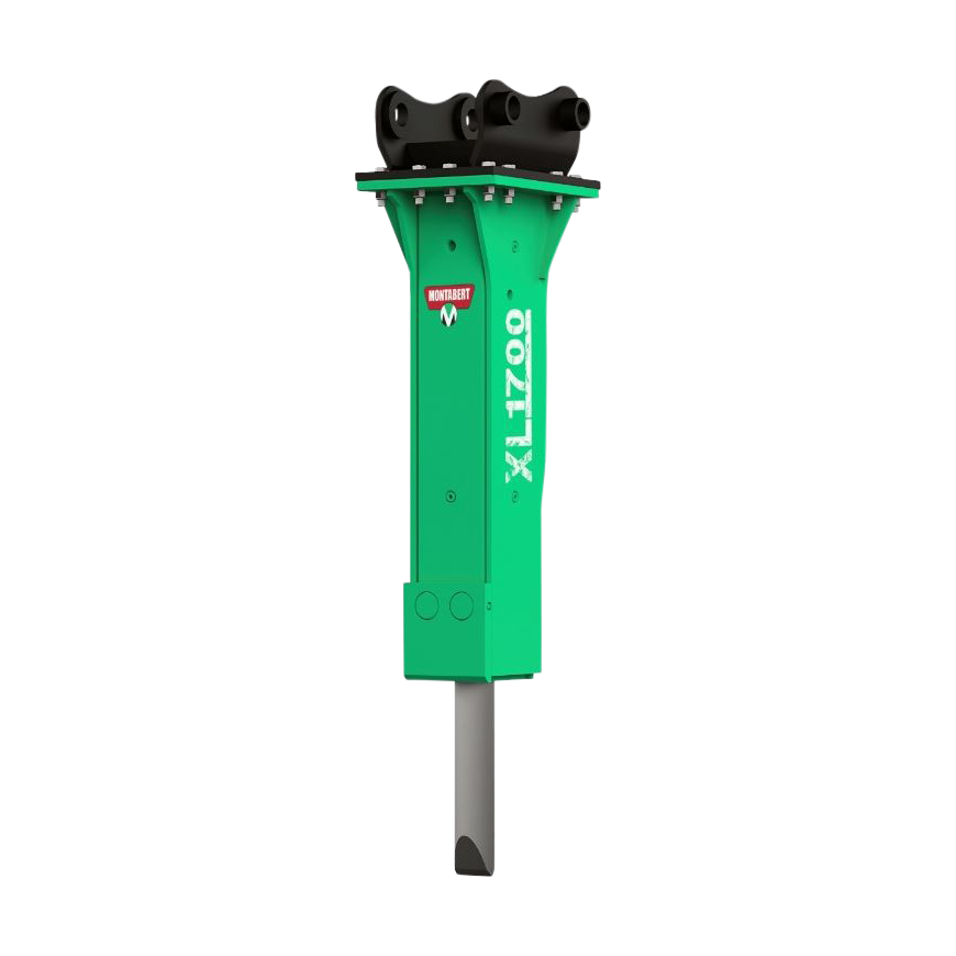 Der grüne Montabert XL1700 Hydraulikhammer steht vor weißem Hintergrund, mit schwarzem Kopf und langem Meißel aus grauem Metall.