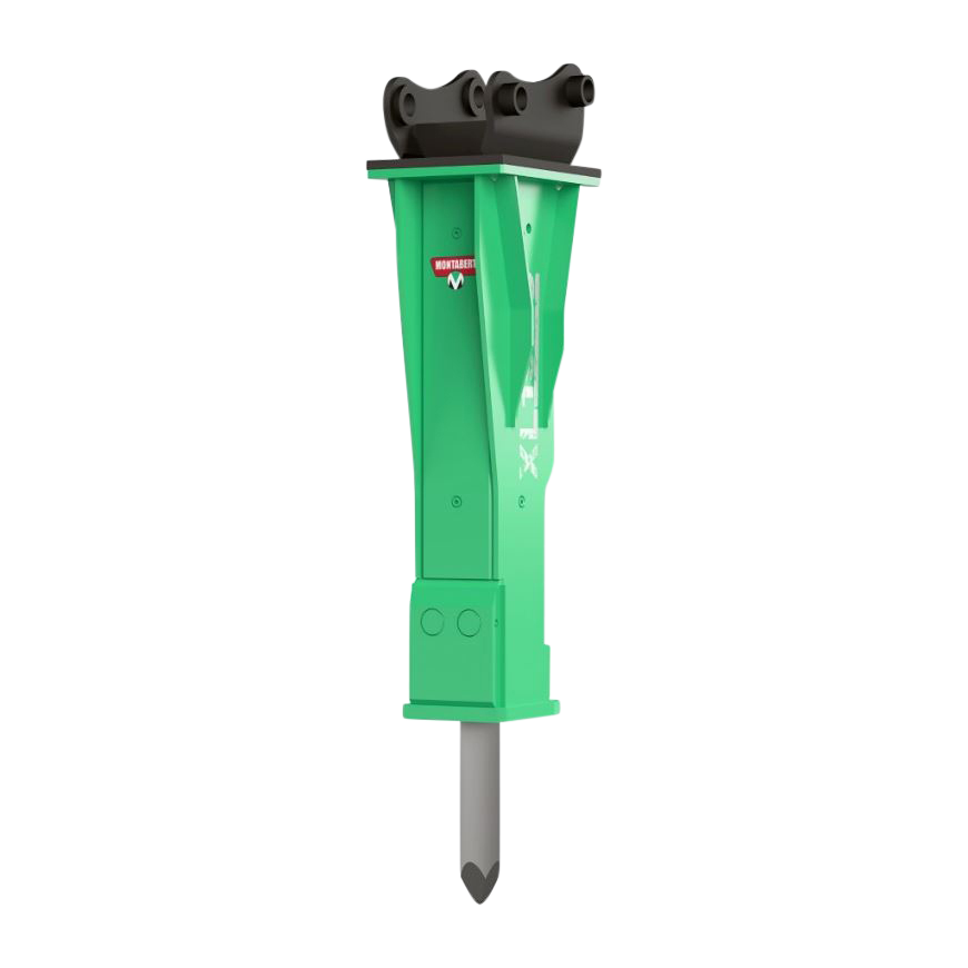 Ein grüner Hydraulikhammer von Montabert mit schwarzem Oberteil und grauem Meißel steht freigestellt vor hellem Hintergrund, klar und technisch.