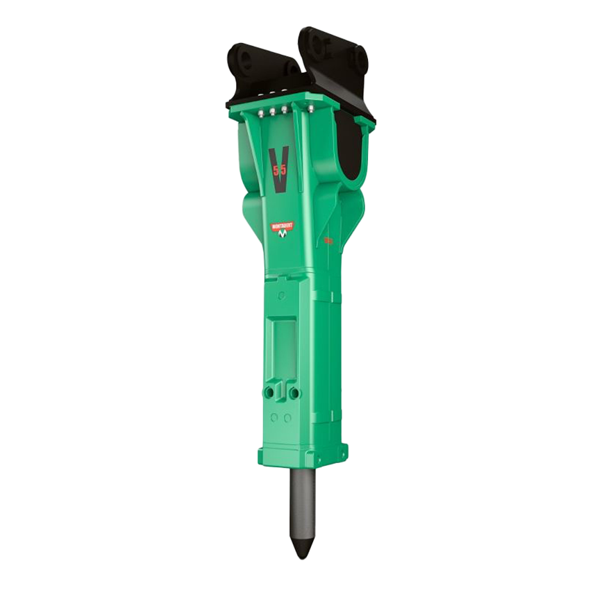 Ein grüner Hydraulikhammer V55 von Montabert mit schwarzer Baggeraufnahme und grauem Meißel steht freigestellt vor hellem Hintergrund.