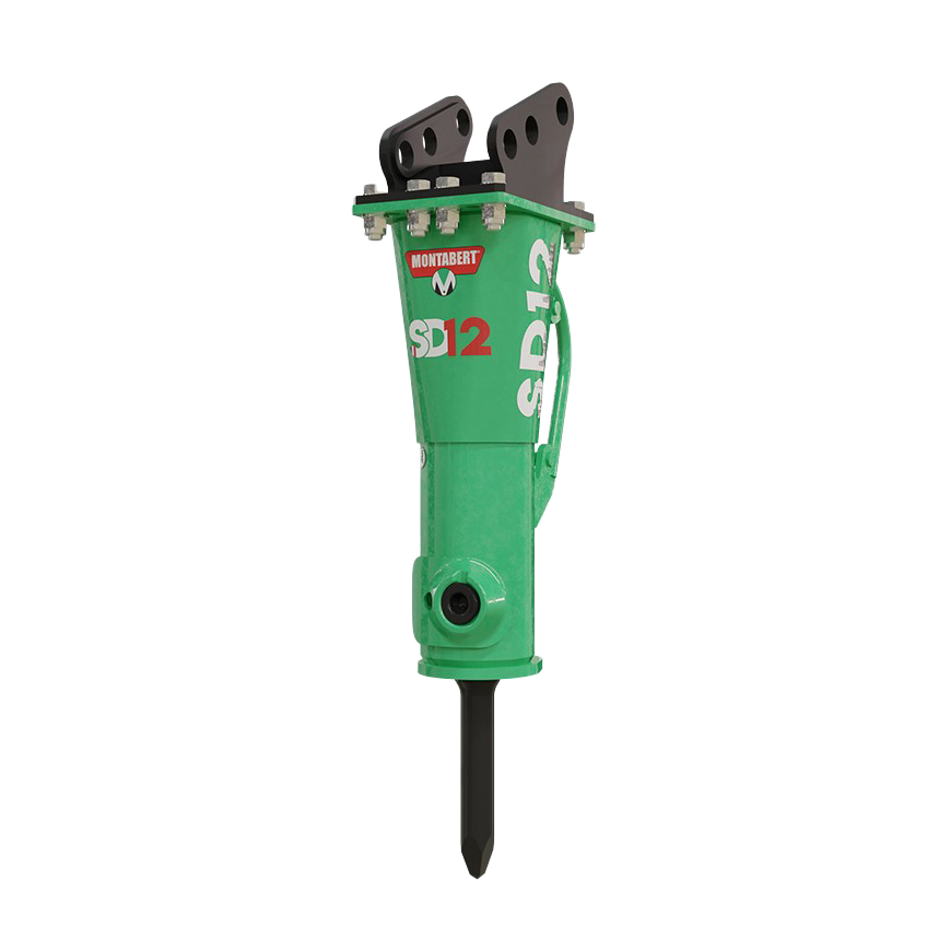 Der grüne Hydraulikhammer Montabert SD12 zeigt einen schwarzen Meißel, robuste Bolzenaufnahmen und die kompakte Bauform für Minibagger.
