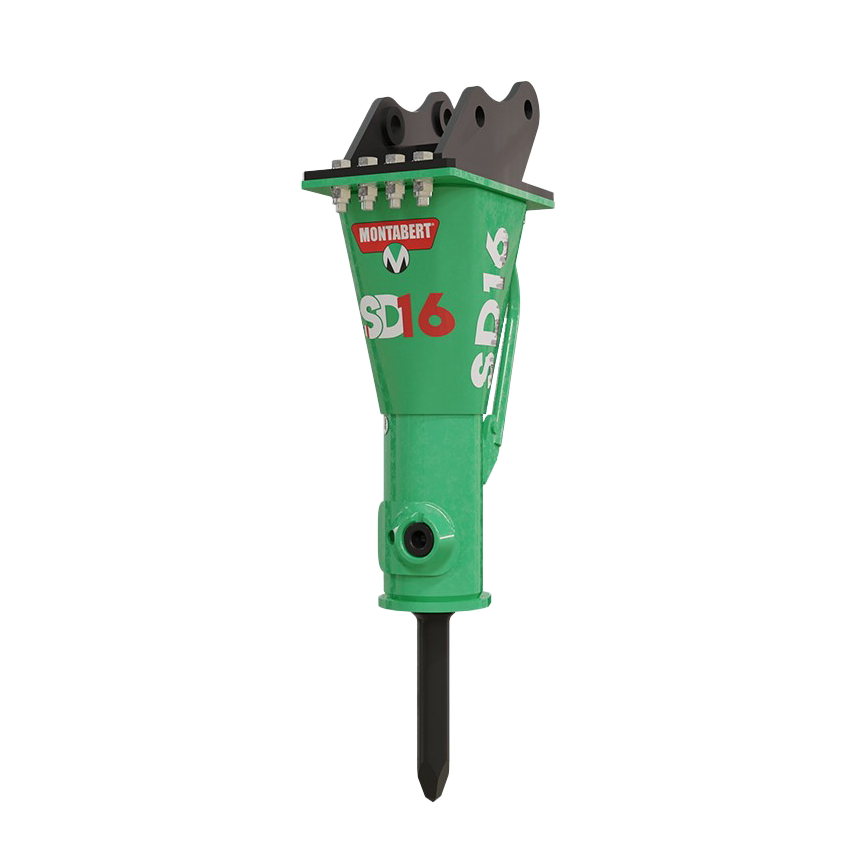 Der grüne Montabert SD16 Hydraulikhammer steht freigestellt auf weißem Hintergrund und zeigt oben die Aufnahme sowie unten den schwarzen Meißel.