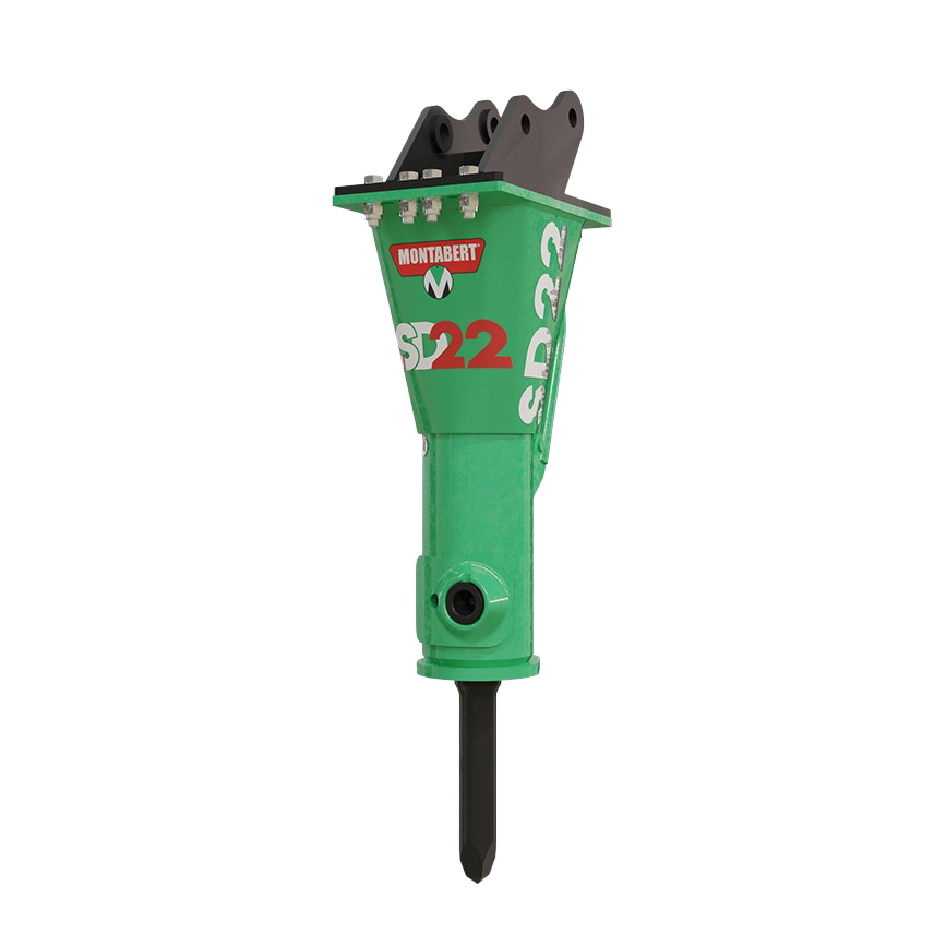 Ein grüner Montabert SD22 Hydraulikhammer mit schwarzem Meißel, breiter Aufnahme und sichtbaren Schrauben steht freigestellt auf weißem Hintergrund.