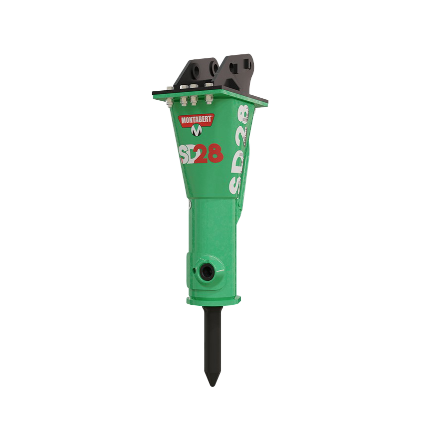 Ein grüner Montabert SD28 Hydraulikhammer mit schwarzem Meißel und massiver Halterung steht freigestellt vor weißem Hintergrund mit klaren Konturen.