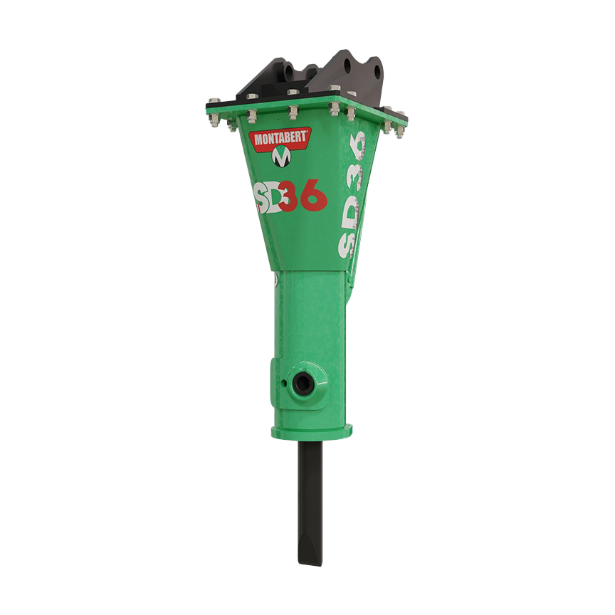 Der grüne Montabert SD36 Hydraulikhammer steht freigestellt mit schwarzem Aufnahmekopf und Meißel, die kompakte Bauform ist klar erkennbar.