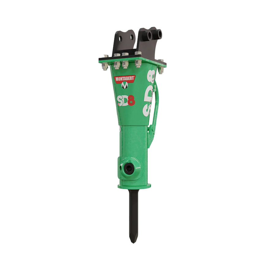 Der grüne Hydraulikhammer SD8 von Montabert steht freigestellt auf weißem Hintergrund und zeigt oben die Aufnahme sowie unten den langen Meißel.