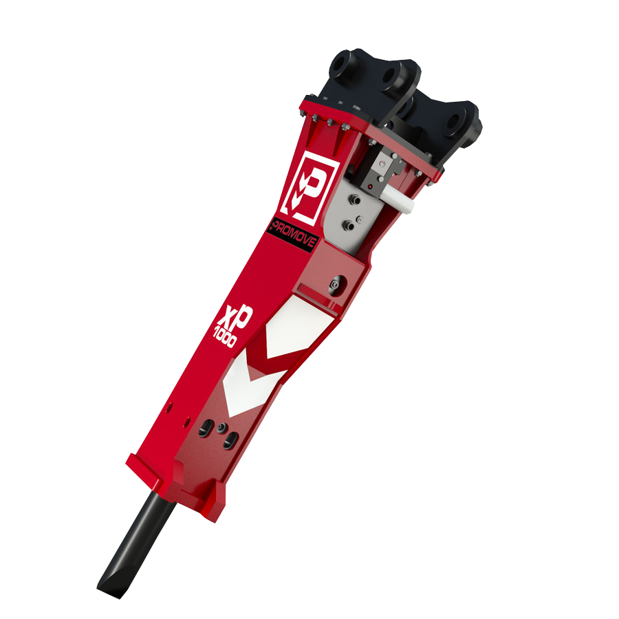 Roter Hydraulikhammer XP1000 von Promove mit schwarzem Meißel, schräg freigestellt auf weißem Hintergrund, mit sichtbaren Anschlussösen oben.
