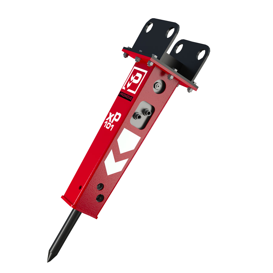 Der rote Hydraulikhammer XP101 mit schwarzer Halterung und Meißel steht freigestellt auf weißem Hintergrund und zeigt seitlich die Anschlüsse.
