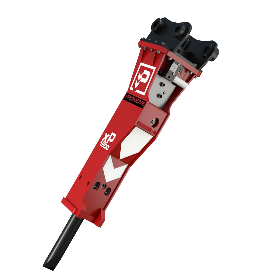 Schräg freigestellter roter Promove XP1200 Hydraulikhammer mit schwarzem Anbaukopf und Meißel auf weißem Hintergrund.