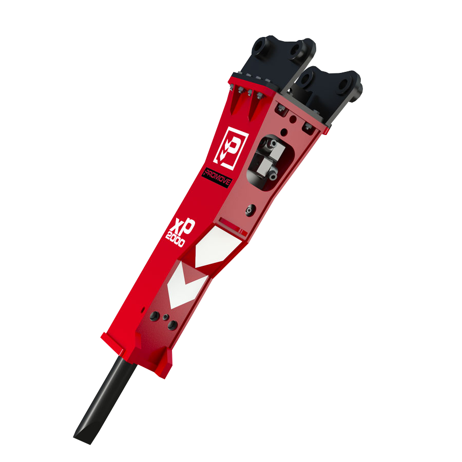 Der rot-schwarze Hydraulikhammer XP2000 steht freigestellt auf weißem Hintergrund und zeigt den langen Meißel, die schwarzen Aufnahmen und das Markenlogo.
