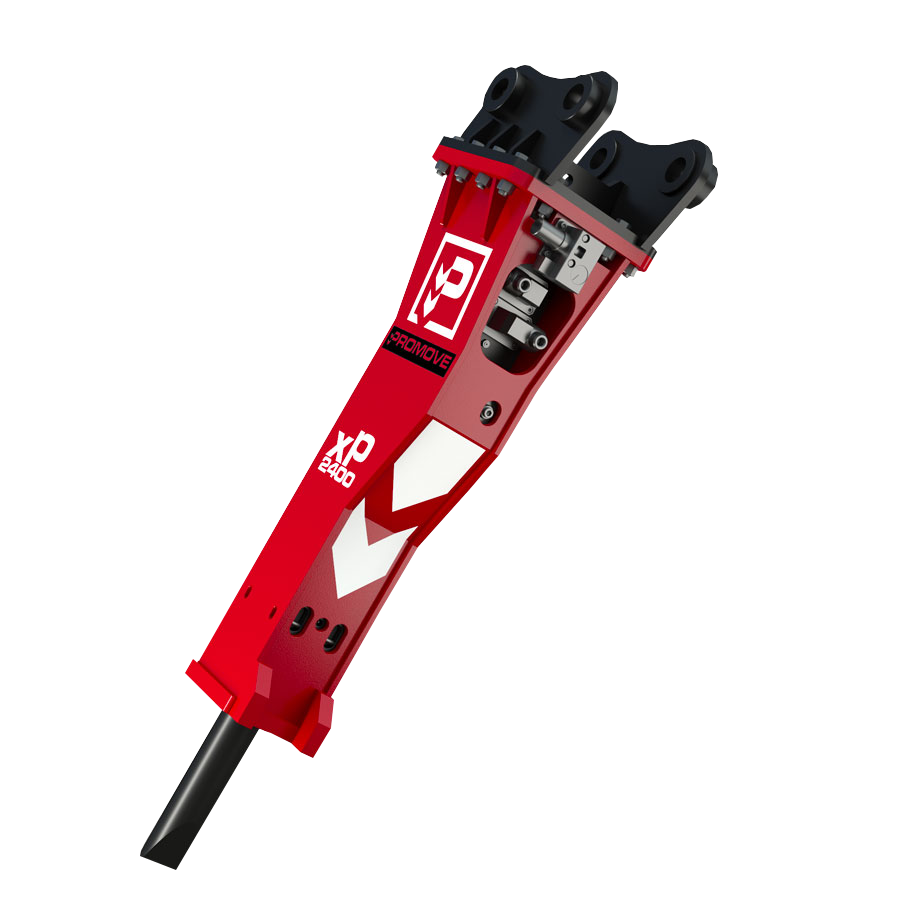 Der rote Hydraulikhammer XP2400 von PROMOVE steht schräg auf weißem Hintergrund und zeigt den schwarzen Meißel sowie die massive Aufnahme oben.