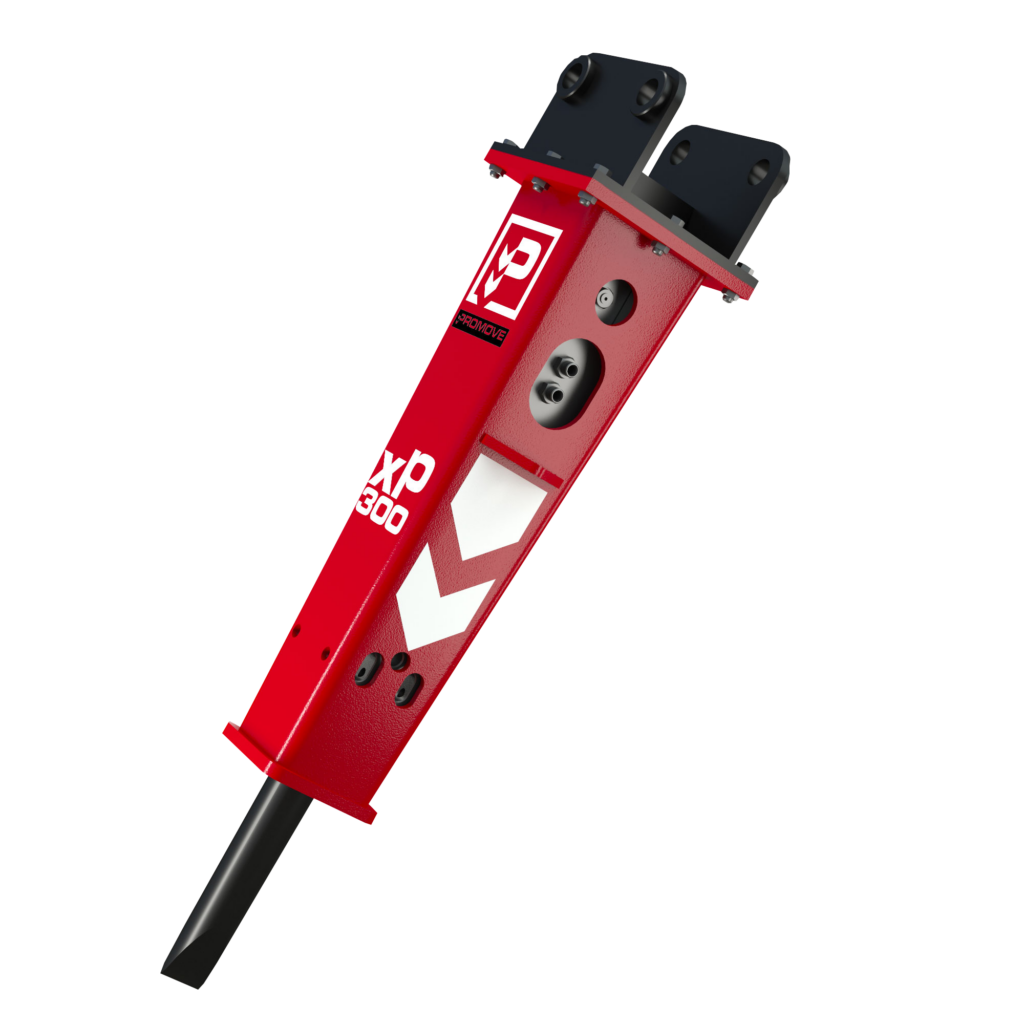 Rot-schwarzer Hydraulikhammer XP300 mit langem Meißel und Montageaufnahme, freigestellt auf weißem Hintergrund, mit sichtbarem PROMOVE-Logo.