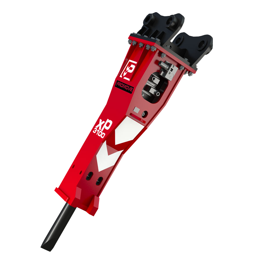 Der rot lackierte Hydraulikhammer XP3100 von PROMOVE ist freigestellt zu sehen, mit schwarzem Aufnahmekopf und Meißel auf hellem Hintergrund.