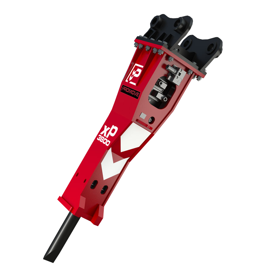 Ein roter Hydraulikhammer XP 3800 von Promove steht schräg vor weißem Hintergrund, daneben hebt ein türkisfarbener Kreis den Schriftzug NEW hervor.