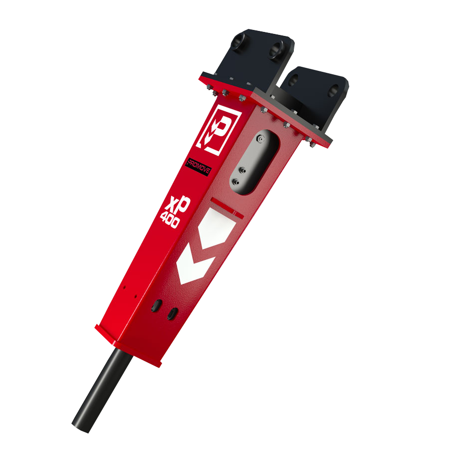 Schräg dargestellter roter Hydraulikhammer XP400 mit schwarzer Aufnahme und Meißel vor weißem Hintergrund, mit Promove-Logo und klarer Technikoptik.