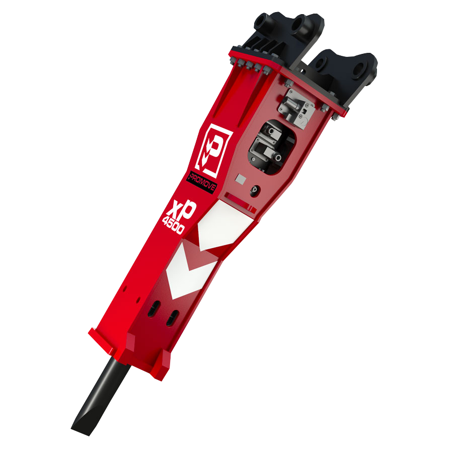 Der rote Hydraulikhammer XP 4500 von Promove steht freigestellt auf weißem Hintergrund, mit schwarzer Halterung und Meißel an der Spitze.