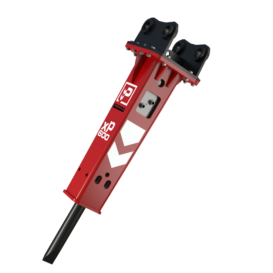 Ein roter Hydraulikhammer XP600 mit schwarzem Kopf und Meißel steht freigestellt auf weißem Hintergrund, die Front ist schräg nach unten gerichtet.
