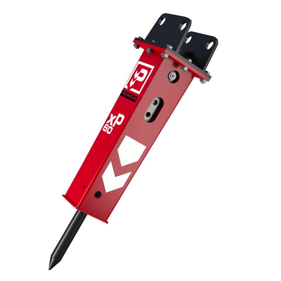 Ein rot-schwarzer Hydraulikhammer XP60 von Promove steht freigestellt auf weißem Grund, mit langem Meißel, Befestigungsbohrungen und sichtbarem Logo.