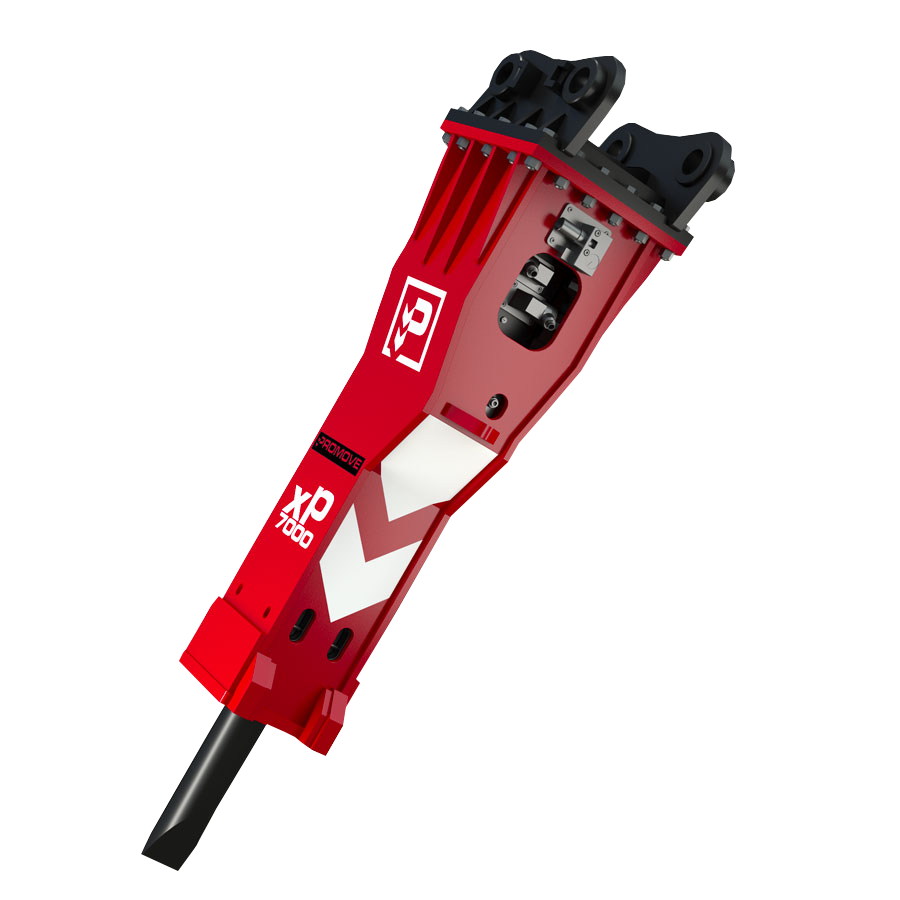 Ein roter Hydraulikhammer XP7000 mit schwarzem Kopf und Meißel hängt schräg vor weißem Hintergrund und zeigt das Promove-Logo deutlich.
