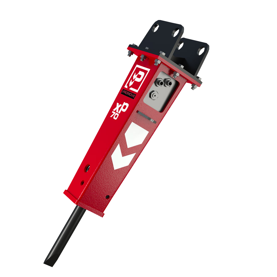 Der rote Hydraulikhammer XP70 mit schwarzer Halterung steht vor weißem Hintergrund und zeigt seitlich den Meißel sowie markante Verschraubungen.