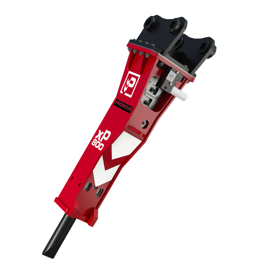 Ein roter Hydraulikhammer XP800 von Promove mit schwarzem Kopf, weißem Hebel und langem Meißel steht freigestellt auf weißem Hintergrund.