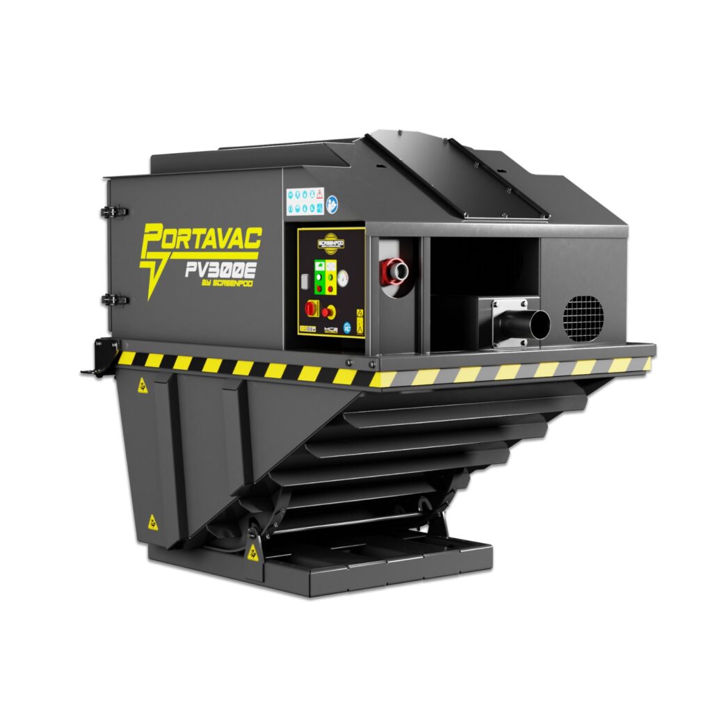 Schwarze Portavac PV300E by Screenpod mit gelben Warnstreifen, seitlicher Steuerung und klappbarer Abdeckung vor weißem Hintergrund.