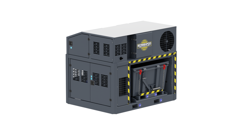 Dunkelgraue SCREENPOD-Maschine mit gelb-schwarzen Warnstreifen, Lüftungsgittern und großem Frontfach vor schwarzem Hintergrund.