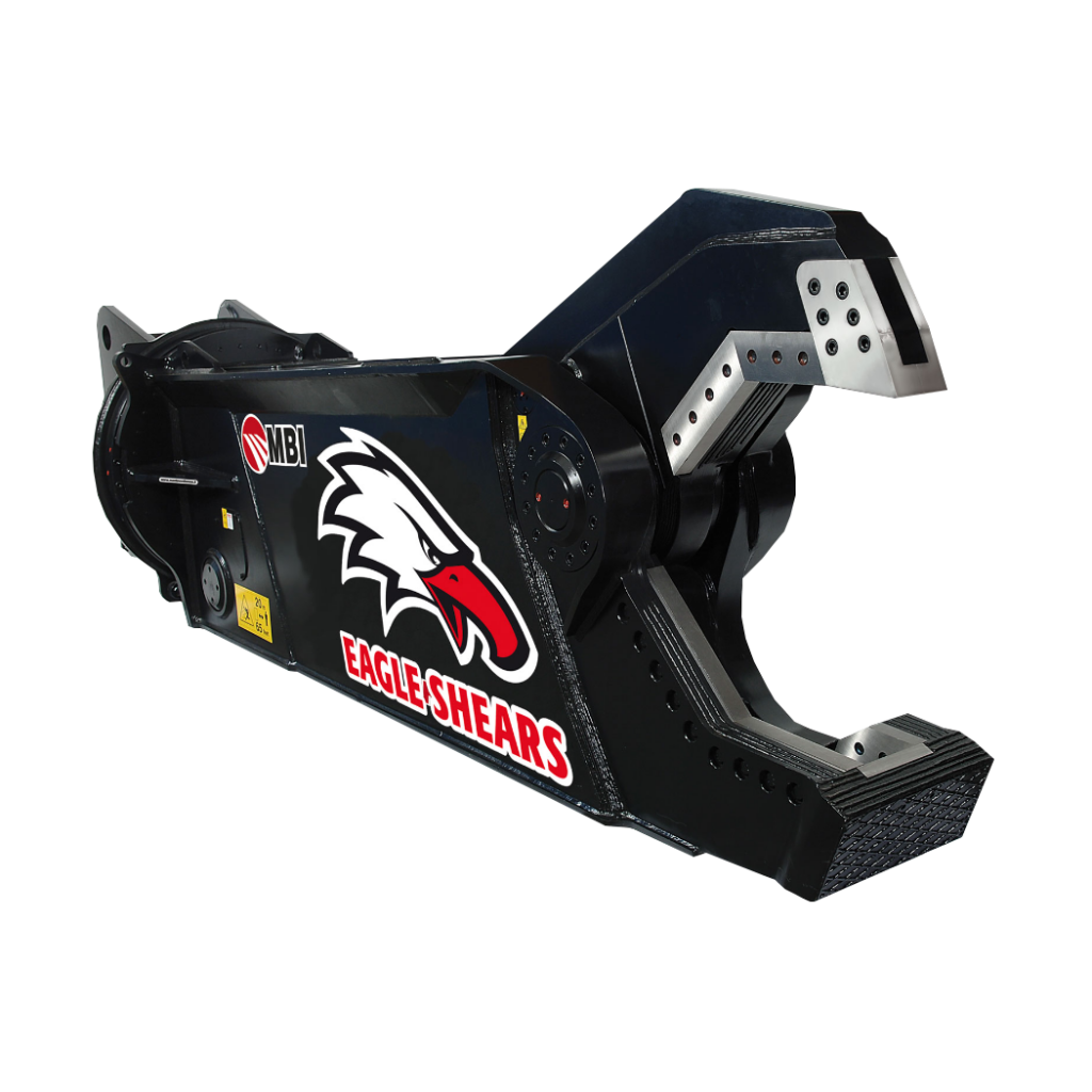 Schwarze MBI Schrottschere SH1500R mit EAGLE-SHEARS-Schriftzug und silbernen Schneidkanten, freigestellt auf weißem Hintergrund.